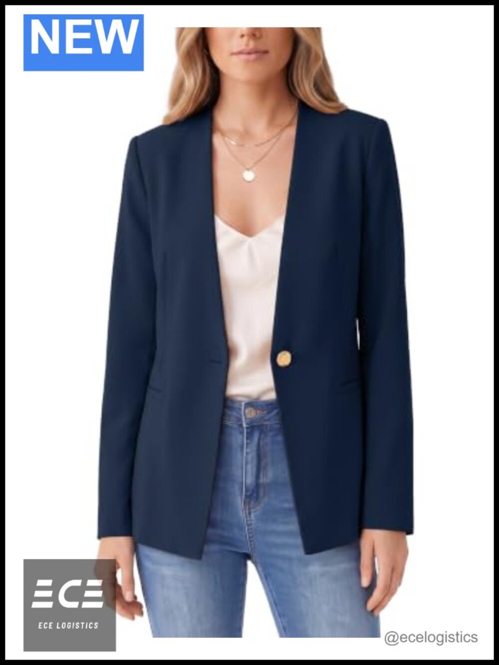Collarless Blazer Suit Jacket Long Sleeve V-Neck Business Casual